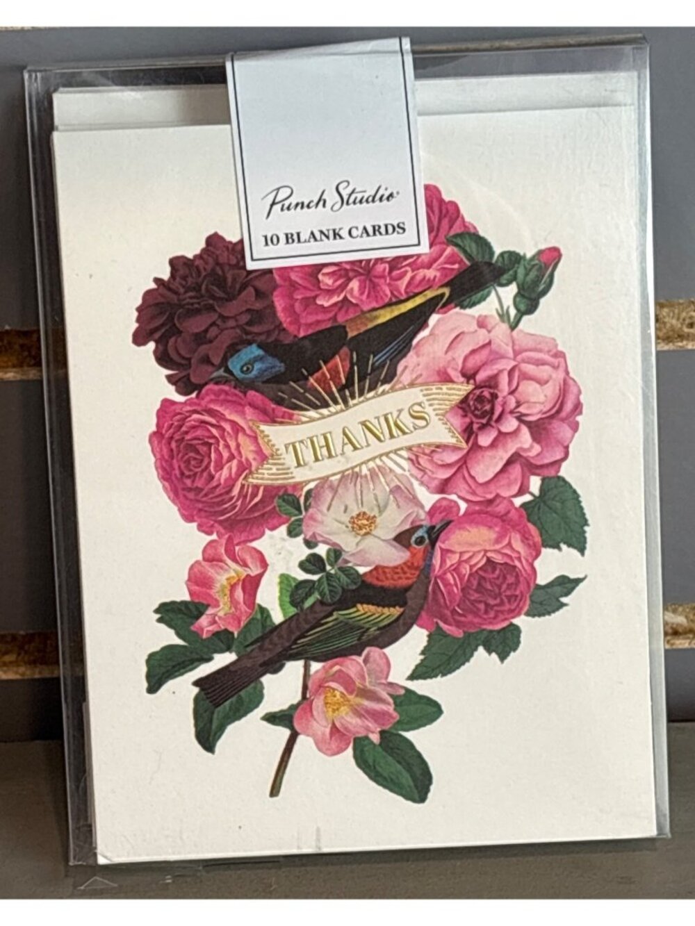 Punch Studio Thanks Floral Bird Blank Cards Set Of 10 With Gold Envelopes